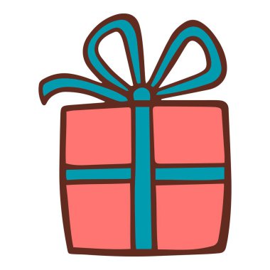 Mavi kurdele ikonlu kırmızı hediye kutusu, el çizimi stili.