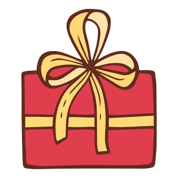 Caja de regalo roja con icono de arco dorado, estilo dibujado a mano — Vector de stock