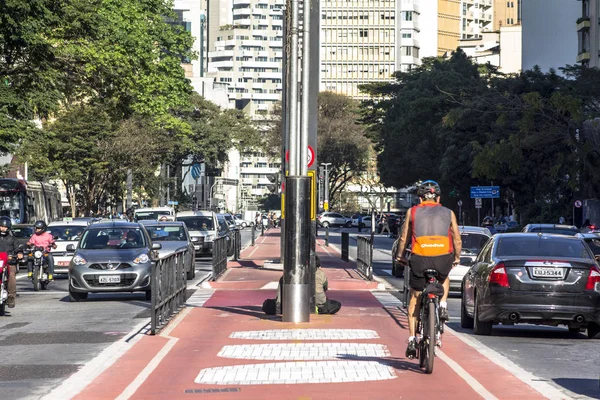 Sao Paulo, Brasil, SP, 10 de agosto de 2015. Carriles bici en la avenida Paulista. Esta es una de las vías más importantes de la ciudad de Sao Paulo, uno de los principales centros financieros de la ciudad — Foto de Stock