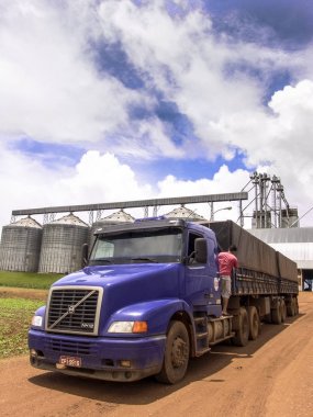 Soya fasulyesi ile yüklü kamyon Mato Grosso eyalet grupta tahıl depolama merkezi önünde bekler