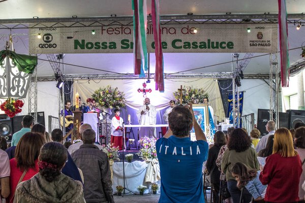 Sao Paulo, SP, Brazil, May 28, 2017. Street Mass during the 117th Feast of Our Lady of Casaluce, in Caetano Pinto street, in the neighborhood of Bras, in the east side of Sao Paulo, which is considered the oldest and traditional feast of the Italian 