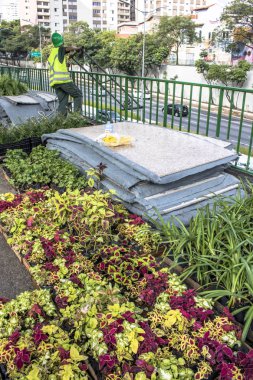 Sao Paulo, Sp, Brezilya, 08 Nisan 2017. İşçiler dikey Bahçe 23 de Maio Avenue, güneyde Sao Paulo yüklemiş olursunuz. Bitkiler Eduardo Kobra, bu yönetimi Başkan Joao Doria silindi, Sao Paulo Antiga grafit değiştirin. ,