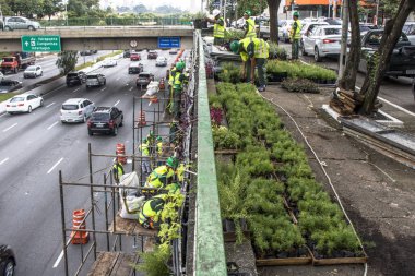 Sao Paulo, Sp, Brezilya, 08 Nisan 2017. İşçiler dikey Bahçe 23 de Maio Avenue, güneyde Sao Paulo yüklemiş olursunuz. Bitkiler Eduardo Kobra, bu yönetimi Başkan Joao Doria silindi, Sao Paulo Antiga grafit değiştirin. ,