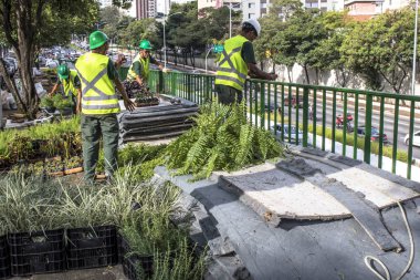 Sao Paulo, Sp, Brezilya, 08 Nisan 2017. İşçiler dikey Bahçe 23 de Maio Avenue, güneyde Sao Paulo yüklemiş olursunuz. Bitkiler Eduardo Kobra, bu yönetimi Başkan Joao Doria silindi, Sao Paulo Antiga grafit değiştirin. ,