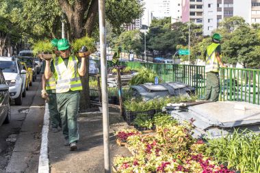 Sao Paulo, Sp, Brezilya, 08 Nisan 2017. İşçiler dikey Bahçe 23 de Maio Avenue, güneyde Sao Paulo yüklemiş olursunuz. Bitkiler Eduardo Kobra, bu yönetimi Başkan Joao Doria silindi, Sao Paulo Antiga grafit değiştirin. ,