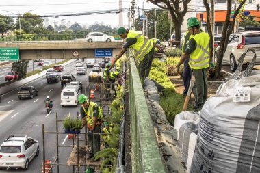Sao Paulo, Sp, Brezilya, 08 Nisan 2017. İşçiler dikey Bahçe 23 de Maio Avenue, güneyde Sao Paulo yüklemiş olursunuz. Bitkiler Eduardo Kobra, bu yönetimi Başkan Joao Doria silindi, Sao Paulo Antiga grafit değiştirin. ,
