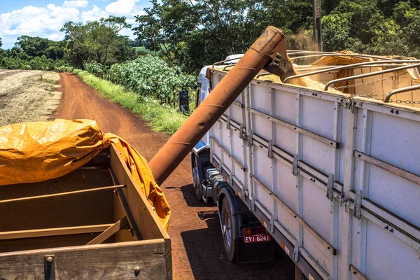 Nuporanga Brazil February 2013 Machine Dumps Soybean Seeds Truck Harvest — Stock Photo, Image