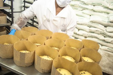 Sao Paulo, 08 Aralık 2011. Ekmek, kek ve Poğaçaların Sao Paulo bir Sanayi üretim hattında işçilerin işe