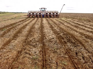 Mato Grosso, Brezilya, 01 Mart 2008. Çiftçi mısır Mato Grosso durumu son zamanlarda hasat soya alanında bitki için makine hazırlar
