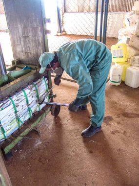 Piracicaba, Sao Paulo, Brezilya, 06 Temmuz 2007. İş plastik boş pestisit ambalaj kağıt kutu geri dönüşüm, Brezilya için alma birimi nesnelerindeki ayrılığı