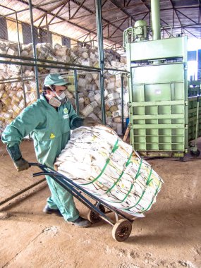 Piracicaba, Sao Paulo, Brezilya, 06 Temmuz 2007. İş plastik boş pestisit ambalaj kağıt kutu geri dönüşüm, Brezilya için alma birimi nesnelerindeki ayrılığı