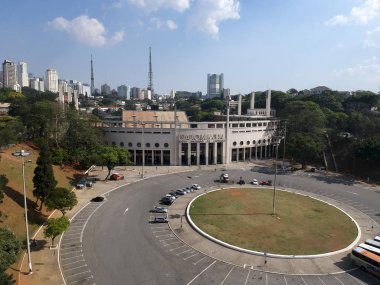 Sao Paulo, Brezilya, 11 Ekim 2019. Daha çok Pacaembu olarak bilinen Paulo Machado de Carvalho Belediye Stadyumu 'nun insansız hava aracı Sao Paulo' nun batısındaki Charles Miller Meydanı 'nda görüldü..