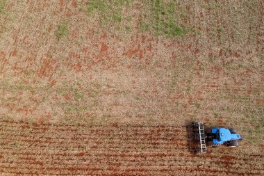 Brezilya 'da soya yetiştirmek için toprağı harap eden bir traktörün hava görüntüsü.