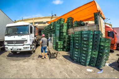 Sao Paulo, Brezilya, 30 Kasım 2018: Latin Amerika 'nın en büyük meyve ve sebze deposu olan Ceagesp avlusunda meyve dolu kutular boşaltıldı.