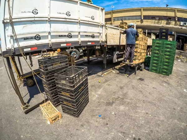 San Paolo Brasile Novembre 2018 Gli Agrumi Vengono Scaricati Camion — Foto Stock