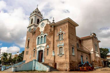 Marilia, Sao Paulo, Brezilya, 15 Mart 2019 - Sao Paulo eyaletinin batı merkezindeki Sao Bento Katedrali 'nin restorasyon sürecinde olan ön cephe görüntüsü.
