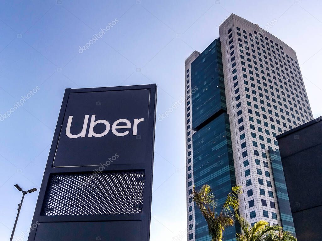 Sao Paulo, Brazil, August 23, 2019. A sign for Uber Parking in front of a mall in Sao Paulo city