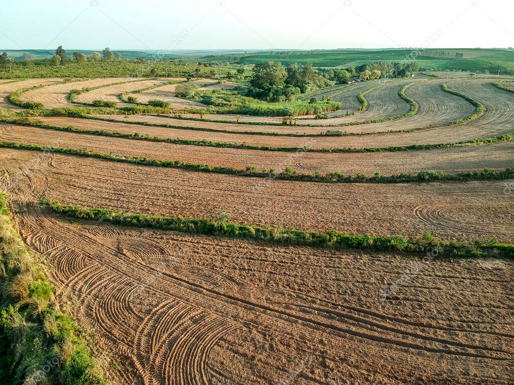 Aerial drone view of a field prepared for cassava planting in Brazil