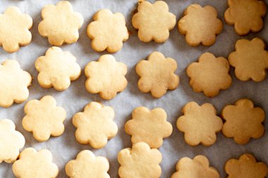 Buğday unundan, şekerden ve tereyağından yapılmış tereyağlı kurabiyeler.