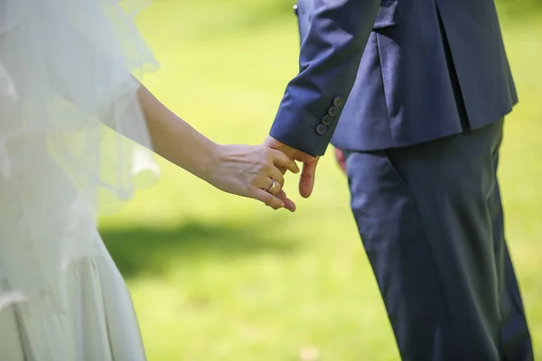 Bride and groom holding hands — Stock Photo, Image