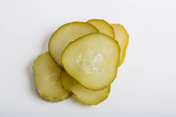 close up of pickled cucumber slices