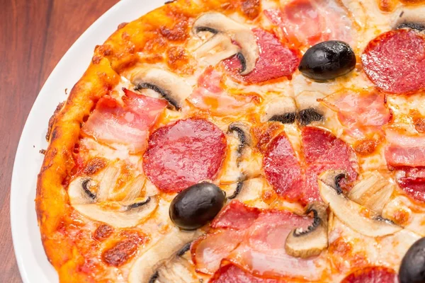 Top view of pizza mushroom and salam — Stock Photo, Image