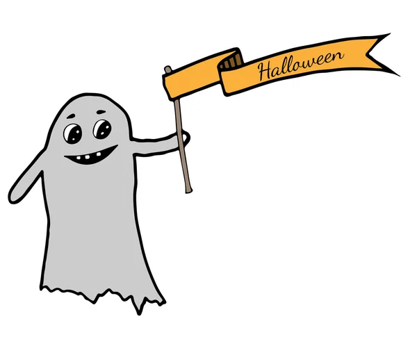 Lindo fantasma consigue una cinta con la inscripción Halloween — Vector de stock