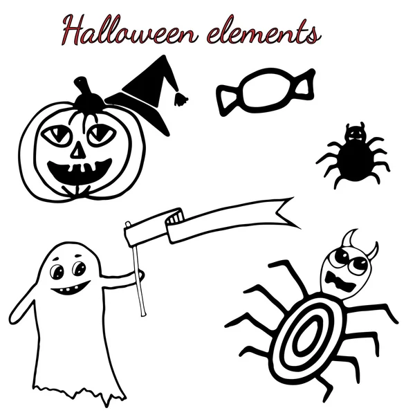 Set de Halloween de línea negra con calabaza, fantasma, tela de araña — Vector de stock