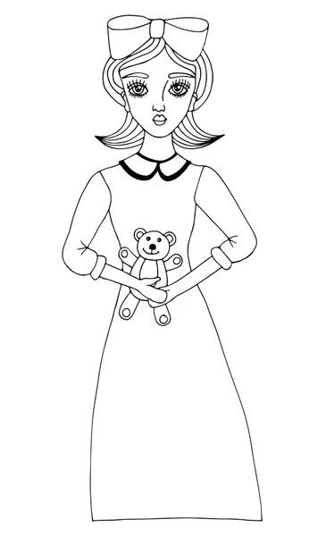Flicka med en rosett på ett huvud och en leksak av en björn i händer — Stock vektor