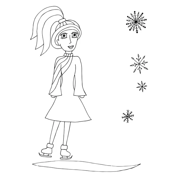 Flicka med långa hårstrån i vacker klänning på skridskor med flyga snowf — Stock vektor