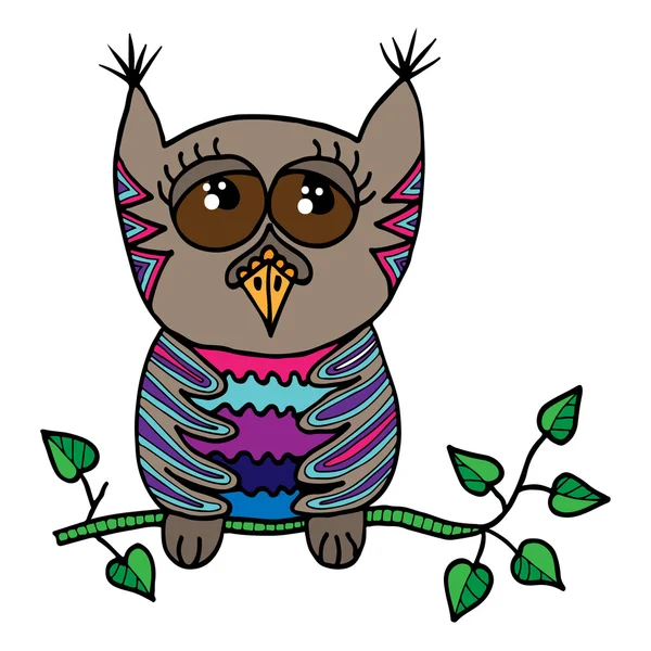 Colorful cute owl sits on a branch with leaves — Stock Vector