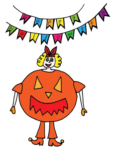 Chica colorida está en el traje de calabaza — Vector de stock