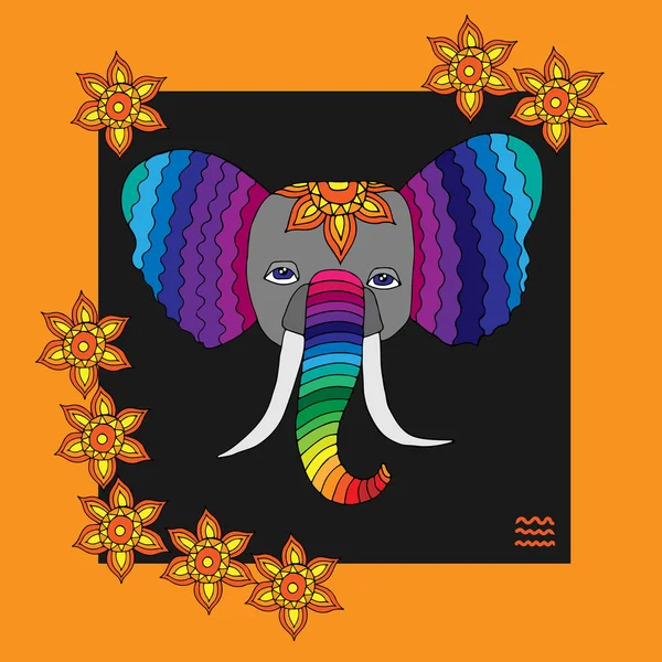 Tête d'éléphant de couleur arc-en-ciel avec fleur abstraite — Image vectorielle