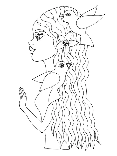 Jeune belle afro américaine fille avec oiseau et fleur — Image vectorielle