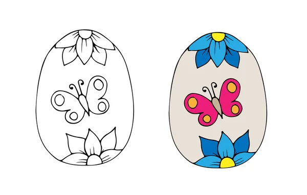 Hand drawn Easter egg with blue flower and butterfly — Stock Vector