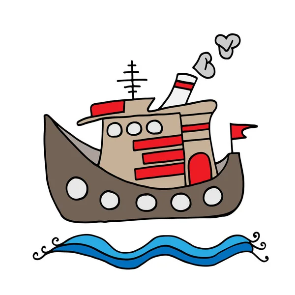 Barco pequeño con bandera y cielo y olas aisladas — Archivo Imágenes Vectoriales