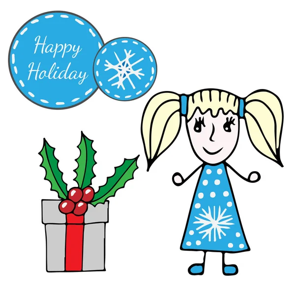 Petite fille avec grand cadeau et avec autocollant Happy Holiday — Image vectorielle