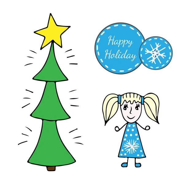 Petite fille avec arbre de Noël et autocollant Happy Holiday — Image vectorielle