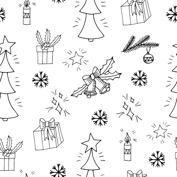 Nahtloses Muster mit großem Geschenk und Glocke, Weihnachtsbaum — Stockvektor
