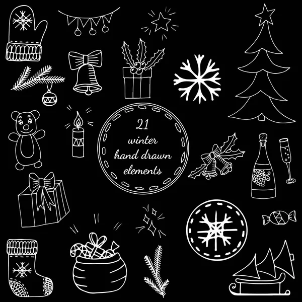 大きなクリスマス ツリー、大きな贈り物と冬要素白い線を設定します。 — ストックベクタ