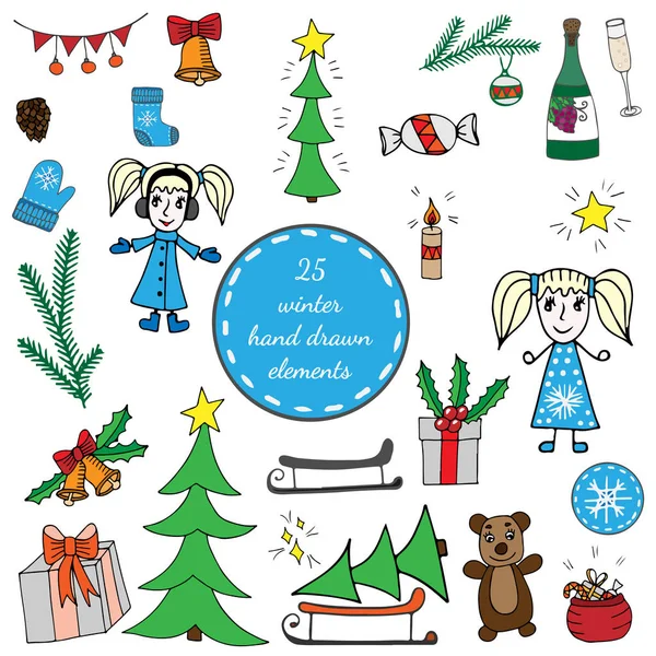 女の子, クリスマス ツリー, 大きな贈り物を持つ大きなセット冬要素 — ストックベクタ