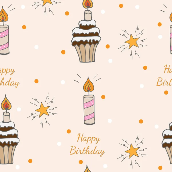 Feliz cumpleaños patrón sin costuras con pastel con vela y estrella — Vector de stock
