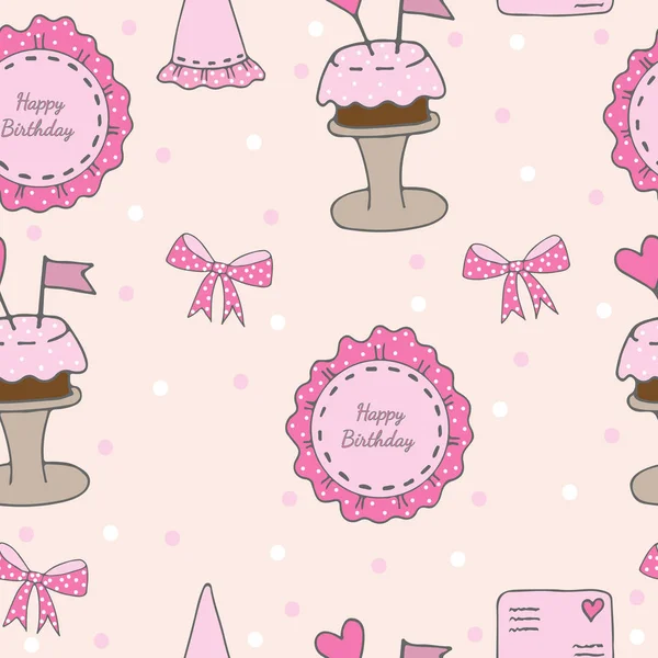Feliz cumpleaños sin costuras con pegatina rosa con texto, pastel y gi — Vector de stock