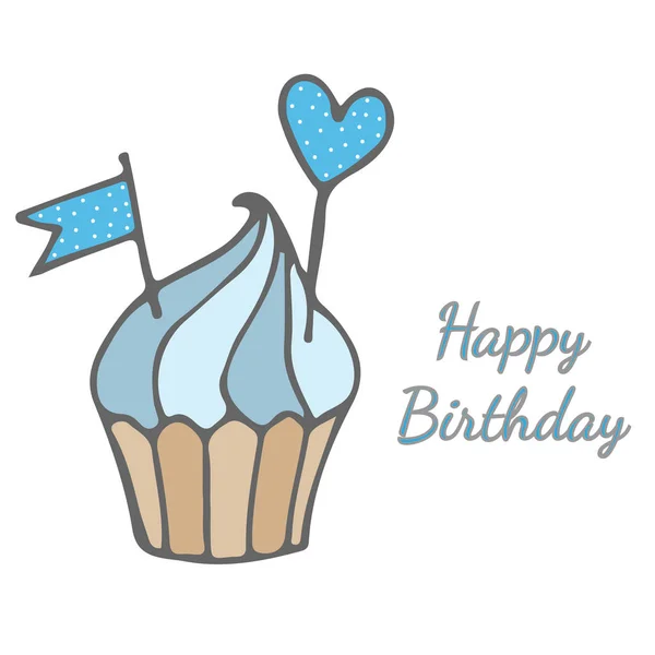 Cupcake para Feliz Aniversário com coração e bandeira com saudação tex —  Vetores de Stock