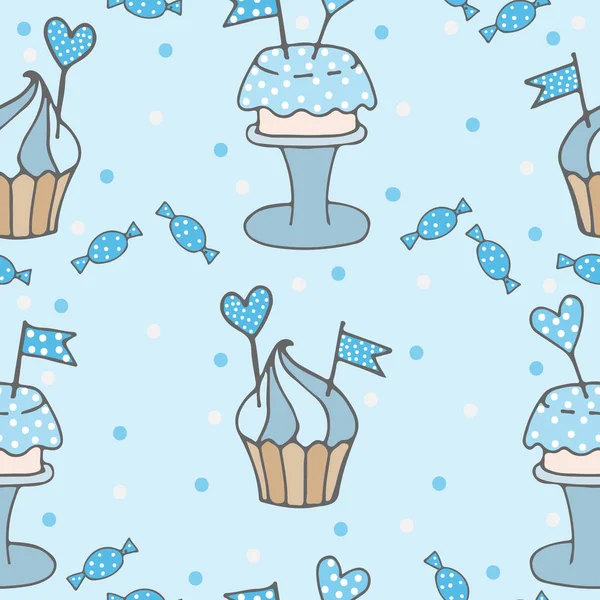 Patrón sin costura azul con cupcake y pastel con corazón y bandera — Vector de stock
