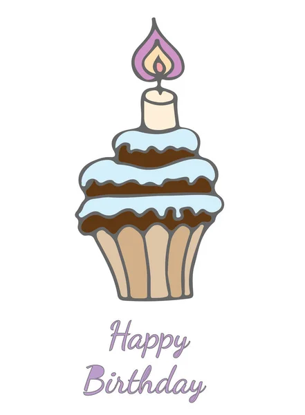 Cupcake para Feliz Aniversário com vela com texto de saudação —  Vetores de Stock