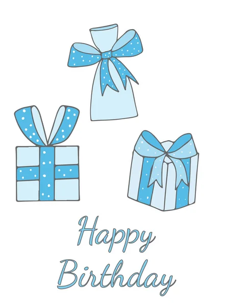 Joyeux anniversaire carte de voeux avec trois gros cadeau et texte — Image vectorielle