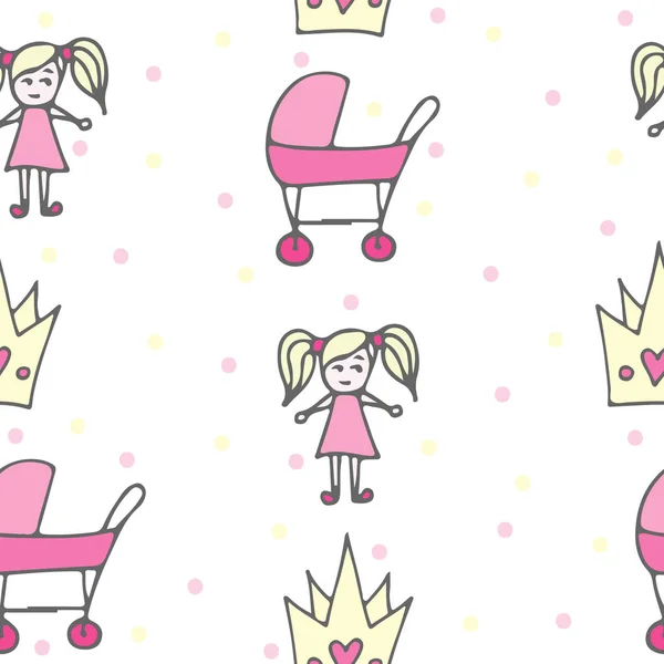 Kindernahtloses Muster mit Krone, rosa Kutsche und Puppe — Stockvektor