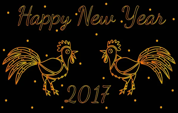 Feliz Año Nuevo tarjeta de felicitación con dos gallo de oro — Vector de stock