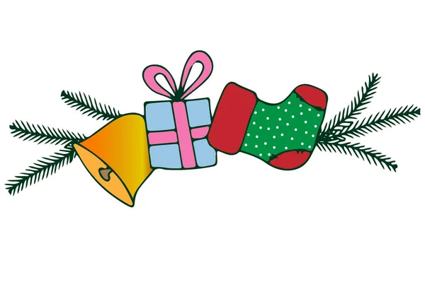 Cloches de Noël colorées avec cadeaux et branches de sapin — Image vectorielle